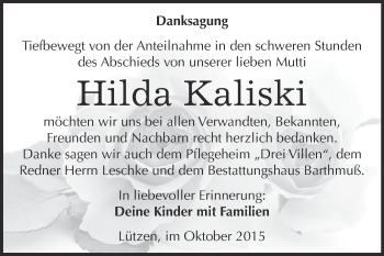 Traueranzeige von Hilda Kaliski von WVG - Wochenspiegel Merseburg