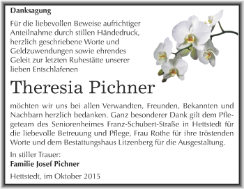 Traueranzeige von Theresia Pichner von Wochenspiegel Mansfelder Land