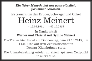 Traueranzeige von Heinz Meinert von WVG - Wochenspiegel Dessau / Köthen