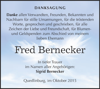 Traueranzeige von Fred Bernecker von WVG - Wochenspiegel Quedlinburg