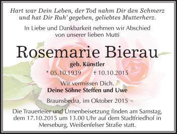 Traueranzeige von Rosemarie Bierau von Mitteldeutsche Zeitung Merseburg/Querfurt