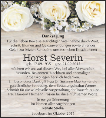 Traueranzeige von Horst Severin von WVG - Wochenspiegel Quedlinburg