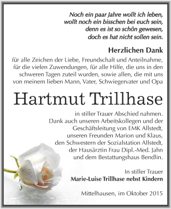 Traueranzeige von Hartmut Trillhase von Super Sonntag SGH Mansf. Land