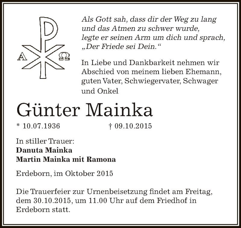  Traueranzeige für Günter Mainka vom 17.10.2015 aus Super Sonntag SGH Mansf. Land