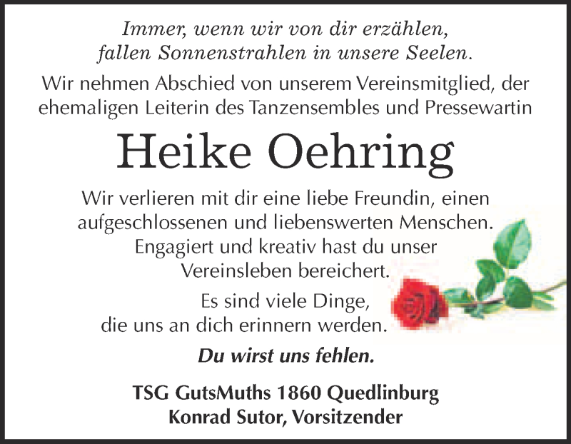  Traueranzeige für Heike Oehring vom 10.10.2015 aus Super Sonntag Quedlinburg