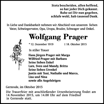 Traueranzeige von Wolfgang Prager von WVG - Wochenspiegel Quedlinburg