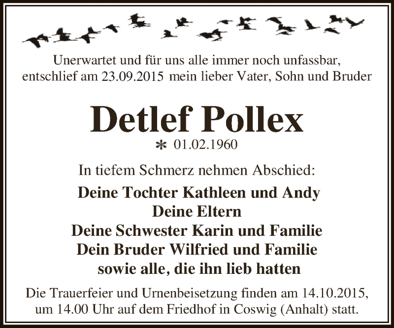  Traueranzeige für Detlef Pollex vom 03.10.2015 aus WVG - Wochenspiegel Dessau / Köthen