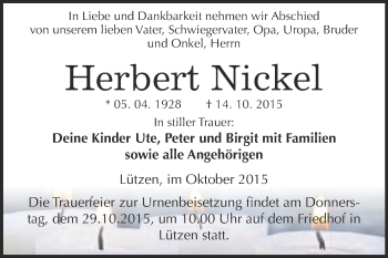 Traueranzeige von Herbert Nickel von WVG - Wochenspiegel Merseburg