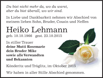Traueranzeige von Heiko Lehmann von Mitteldeutsche Zeitung Zeitz