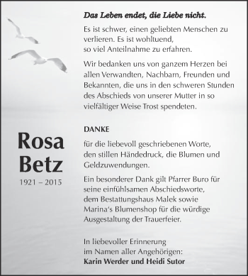 Traueranzeige von Rosa Betz von Super Sonntag Quedlinburg