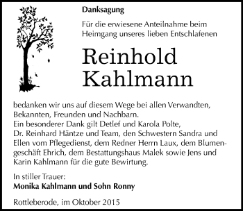 Traueranzeige von Reinhold Kahlmann von Mitteldeutsche Zeitung Sangerhausen