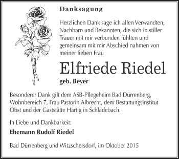 Traueranzeige von Elfriede Riedel von Super Sonntag Merseburg