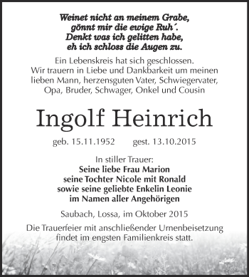 Traueranzeige von Ingolf Heinrich von WVG - Wochenspiegel NMB / WSF / ZTZ