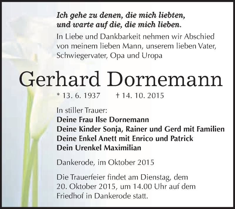  Traueranzeige für Gerhard Dornemann vom 17.10.2015 aus WVG - Wochenspiegel Quedlinburg
