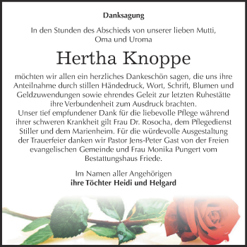 Traueranzeige von Hertha Knoppe von WVG - Wochenspiegel Dessau / Köthen