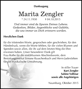 Traueranzeige von Marita Zengler von Mitteldeutsche Zeitung Naumburg/Nebra