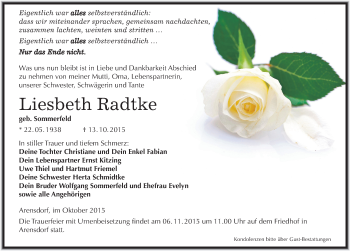 Traueranzeige von Liesbeth Radtke von Mitteldeutsche Zeitung Köthen