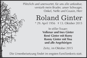Traueranzeige von Roland Ginter von Super Sonntag Zeitz