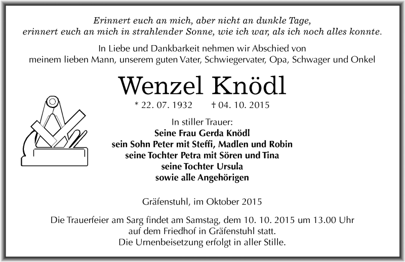  Traueranzeige für Wenzel Knödl vom 07.10.2015 aus Mitteldeutsche Zeitung Mansfelder Land