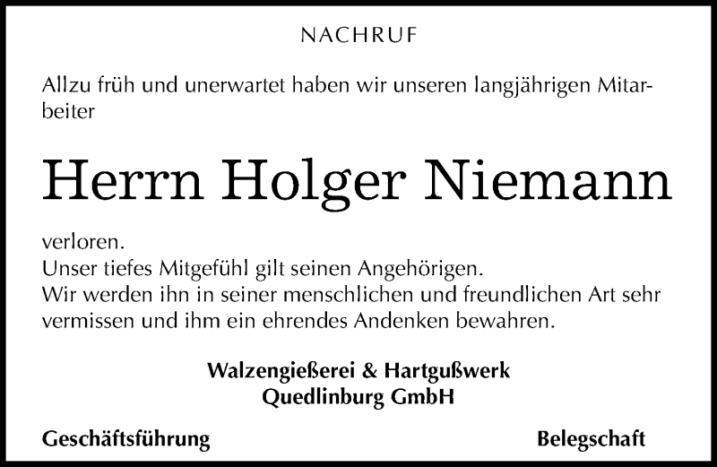  Traueranzeige für Holger Niemann vom 10.10.2015 aus Mitteldeutsche Zeitung Quedlinburg