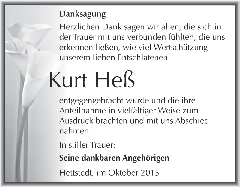  Traueranzeige für Kurt Heß vom 21.10.2015 aus Wochenspiegel Mansfelder Land
