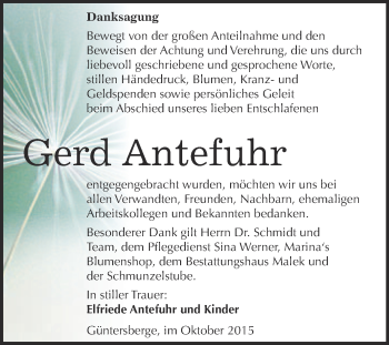 Traueranzeige von Gerd Antefuhr von WVG - Wochenspiegel Quedlinburg