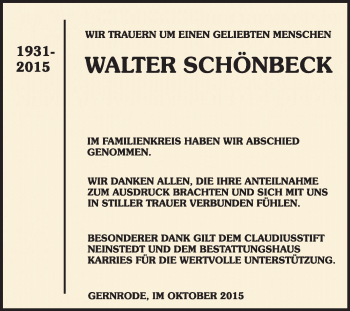 Traueranzeige von Walter Schönbeck von WVG - Wochenspiegel Quedlinburg