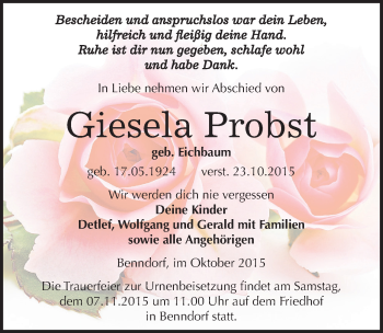 Traueranzeige von Giesela Probst von Mitteldeutsche Zeitung Mansfelder Land