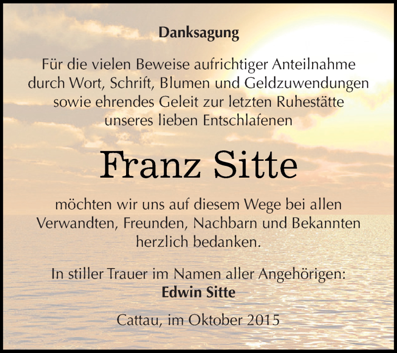  Traueranzeige für Franz Sitte vom 31.10.2015 aus WVG - Wochenspiegel Dessau / Köthen