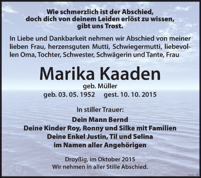  Traueranzeige für Marika Kaaden vom 17.10.2015 aus Super Sonntag Zeitz