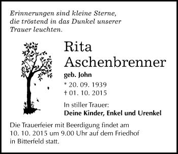 Traueranzeige von Rita Aschenbrenner von Mitteldeutsche Zeitung Bitterfeld