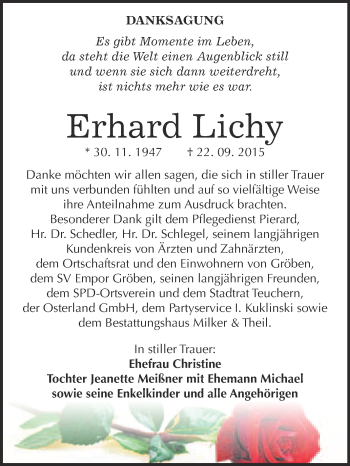 Traueranzeige von Erhard Lichy von WVG - Wochenspiegel NMB / WSF / ZTZ