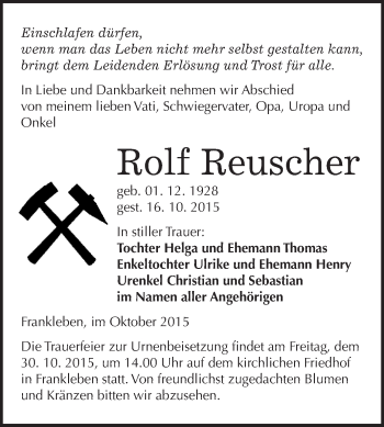 Traueranzeige von Rolf Reuscher von WVG - Wochenspiegel Merseburg