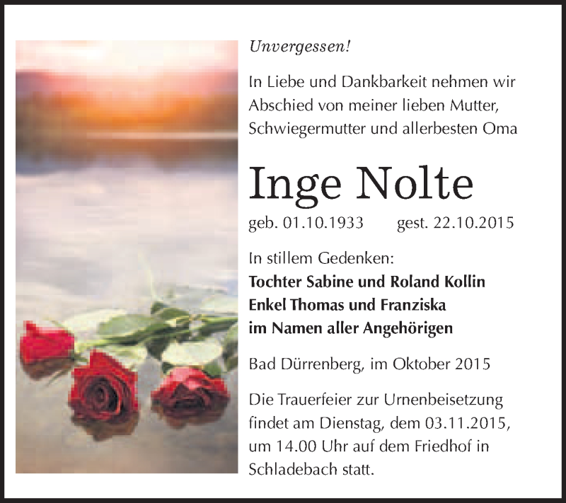  Traueranzeige für Inge Nolte vom 28.10.2015 aus WVG - Wochenspiegel Merseburg