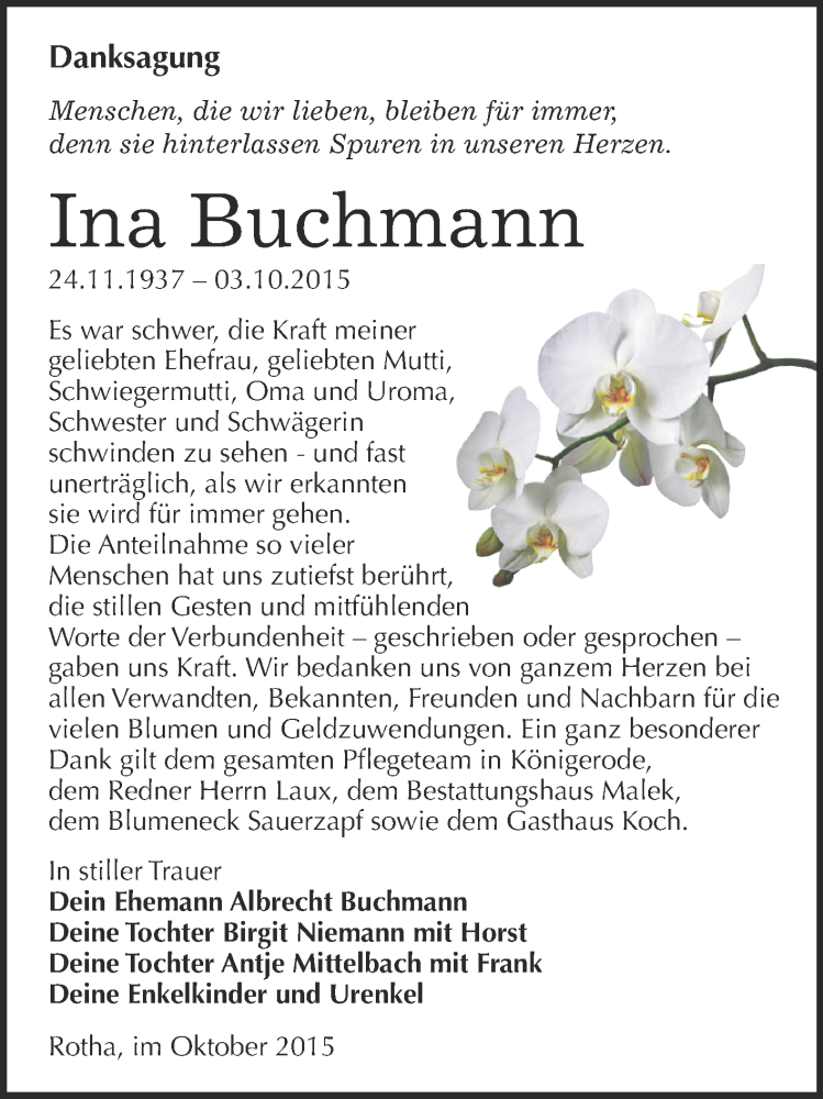  Traueranzeige für Ina Buchmann vom 24.10.2015 aus Super Sonntag SGH Mansf. Land