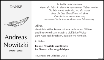 Traueranzeige von Andreas Nowitzki von WVG - Wochenspiegel NMB / WSF / ZTZ