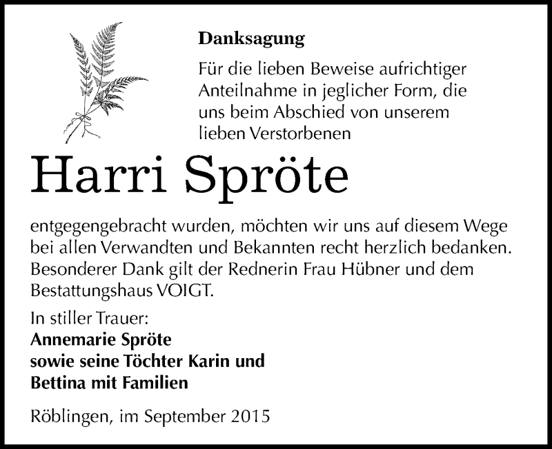  Traueranzeige für Harri Spröte vom 03.10.2015 aus Mitteldeutsche Zeitung Mansfelder Land