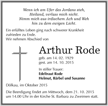 Traueranzeige von Arthur Rode von Mitteldeutsche Zeitung Merseburg/Querfurt