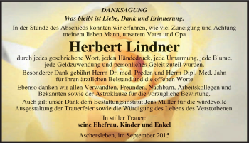 Traueranzeige von Herbert Lindner von Mitteldeutsche Zeitung Aschersleben
