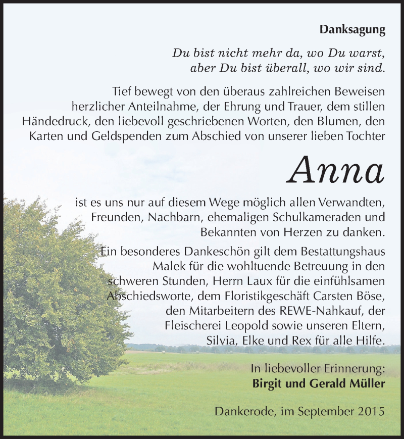  Traueranzeige für Anna  vom 23.10.2015 aus Mitteldeutsche Zeitung Quedlinburg