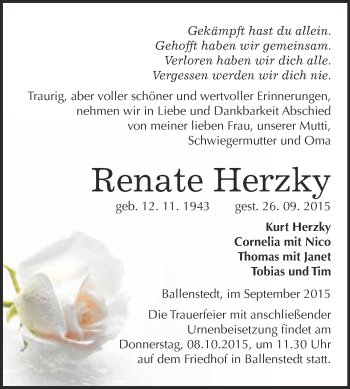 Traueranzeige von Renate Herzky von WVG - Wochenspiegel Quedlinburg
