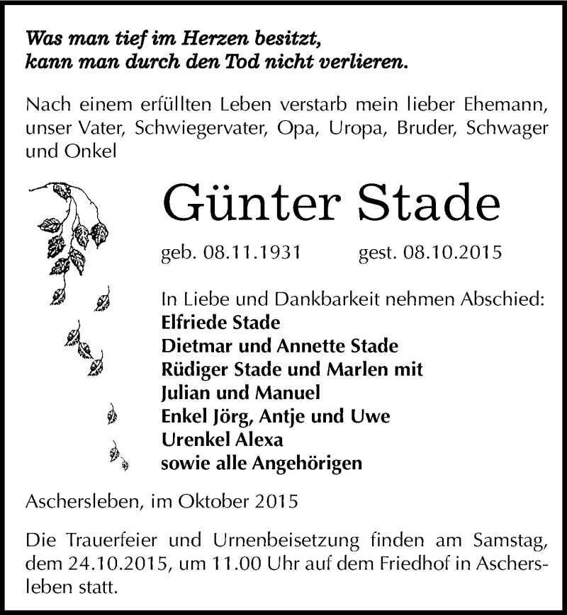  Traueranzeige für Günter Stade vom 14.10.2015 aus Mitteldeutsche Zeitung Aschersleben