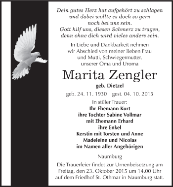 Traueranzeige von Marita Zengler von Mitteldeutsche Zeitung Naumburg/Nebra