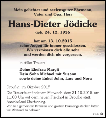Traueranzeige von Hans-Dieter Jödicke von Super Sonntag Zeitz