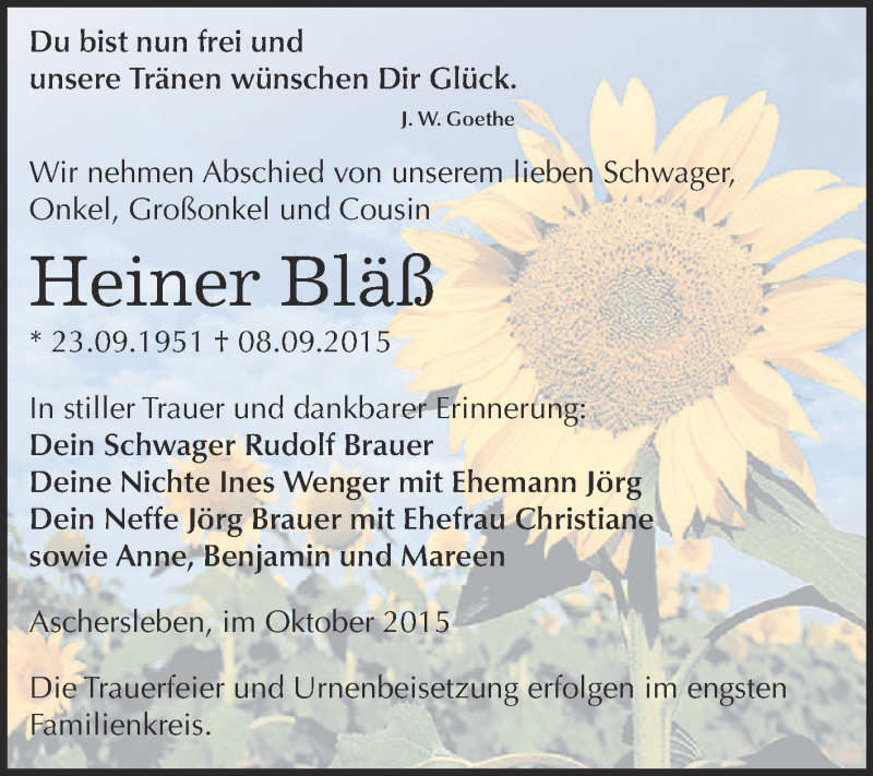  Traueranzeige für Heiner Bläß vom 10.10.2015 aus Super Sonntag Aschersleben