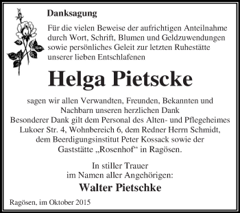 Traueranzeige von Helga Pietscke von WVG - Wochenspiegel Dessau / Köthen