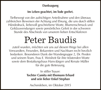 Traueranzeige von Peter Baudis von Super Sonntag Aschersleben
