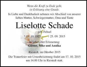 Traueranzeige von Liselotte Schade von Super Sonntag SGH Mansf. Land