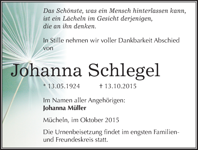  Traueranzeige für Johanna Schlegel vom 22.10.2015 aus Mitteldeutsche Zeitung Merseburg/Querfurt
