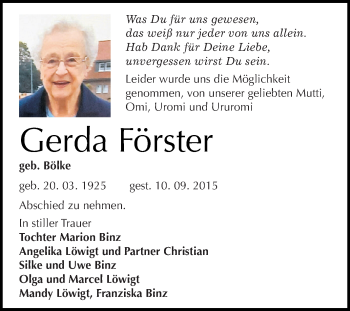 Traueranzeige von Gerda Förster von WVG - Wochenspiegel Dessau / Köthen